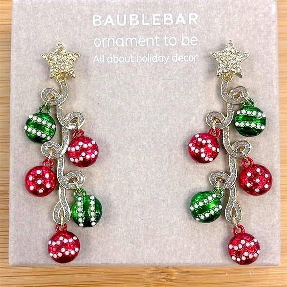 Brand New BaubleBar Christmas Ornaments Tree Stars Red Green Drop Earrings - Picture 13 of 13